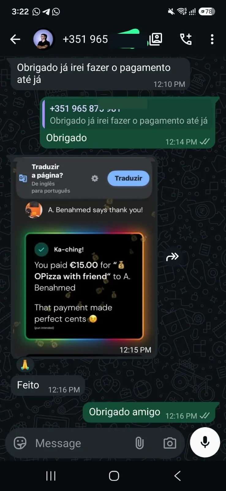 Feedback cliente WhatsApp - Pagamento de 15 euros recebido
