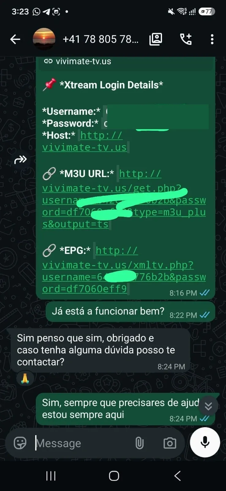 Feedback cliente Suíça WhatsApp - Já está a funcionar bem