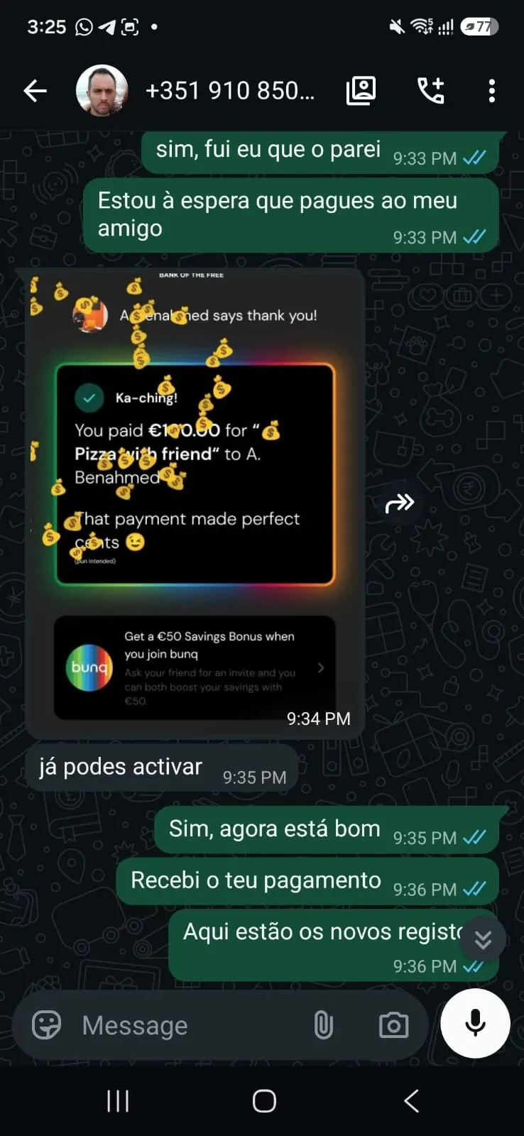 Feedback cliente WhatsApp - Pagamento 100 euros confirmado
