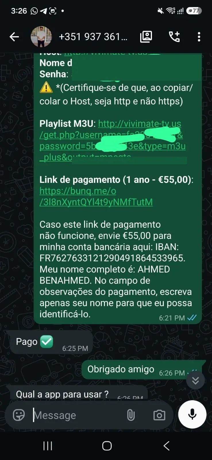 Feedback cliente WhatsApp - Plano anual pago e apoio na app