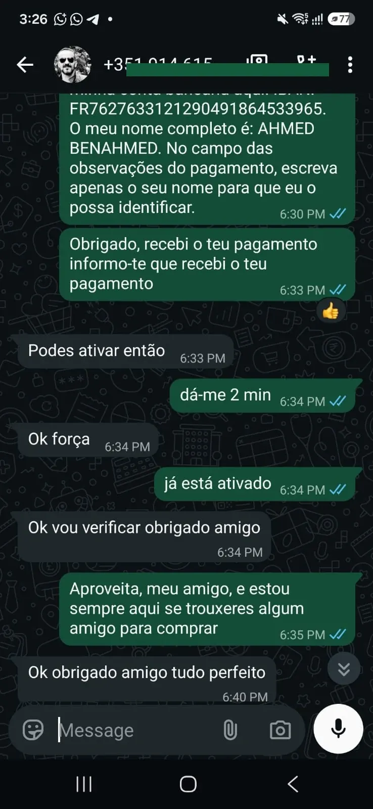 Feedback cliente WhatsApp IPTV Portugal - Ativação em 2 minutos tudo perfeito
