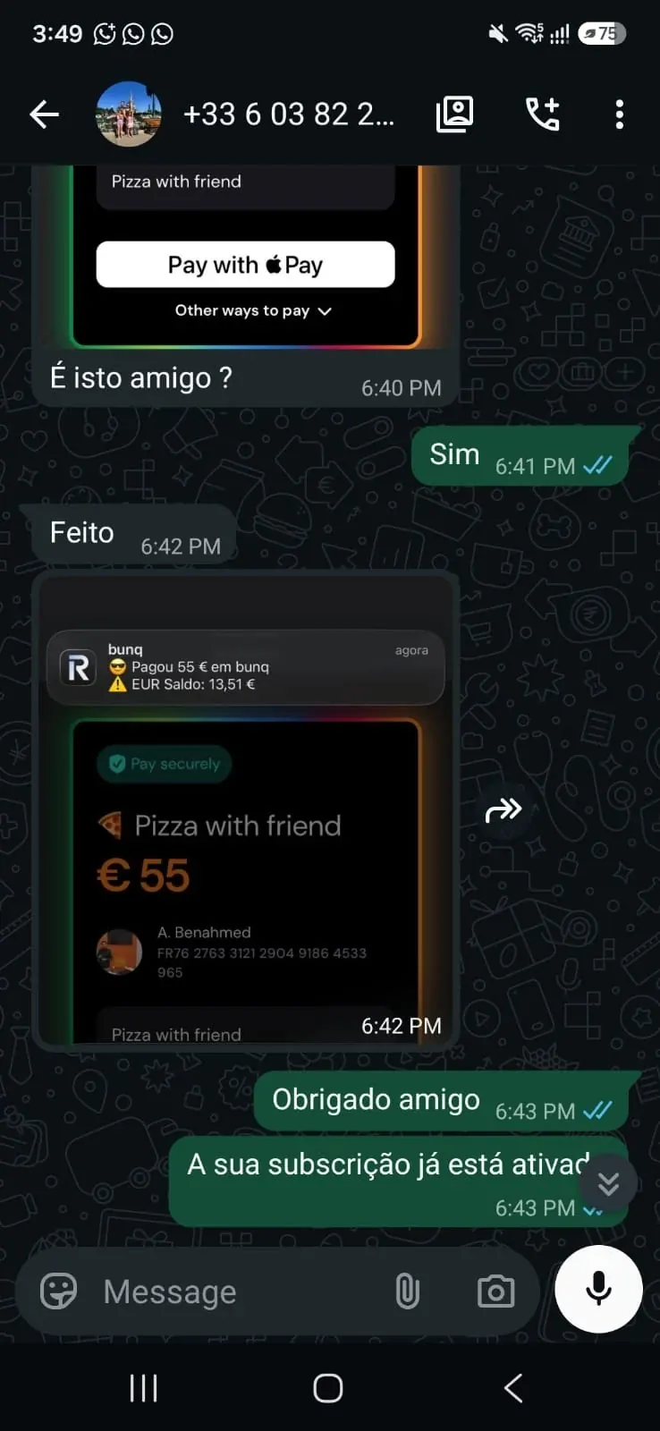 Feedback cliente WhatsApp - Pagamento Apple Pay Revolut 55 euros