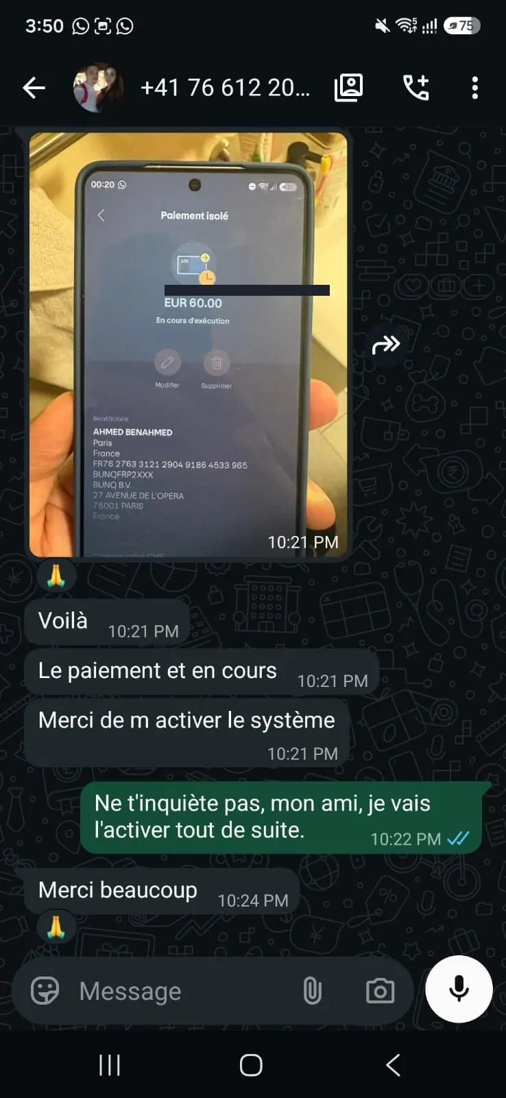 Feedback cliente WhatsApp Suíça - Transferência 60 euros ativada