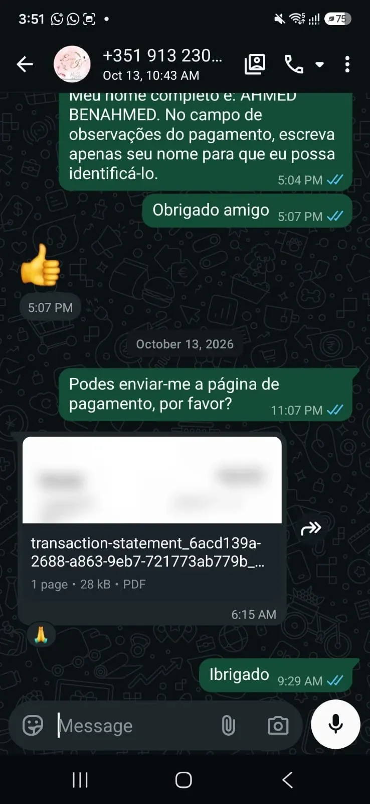 Feedback cliente WhatsApp - Comprovativo de transação PDF